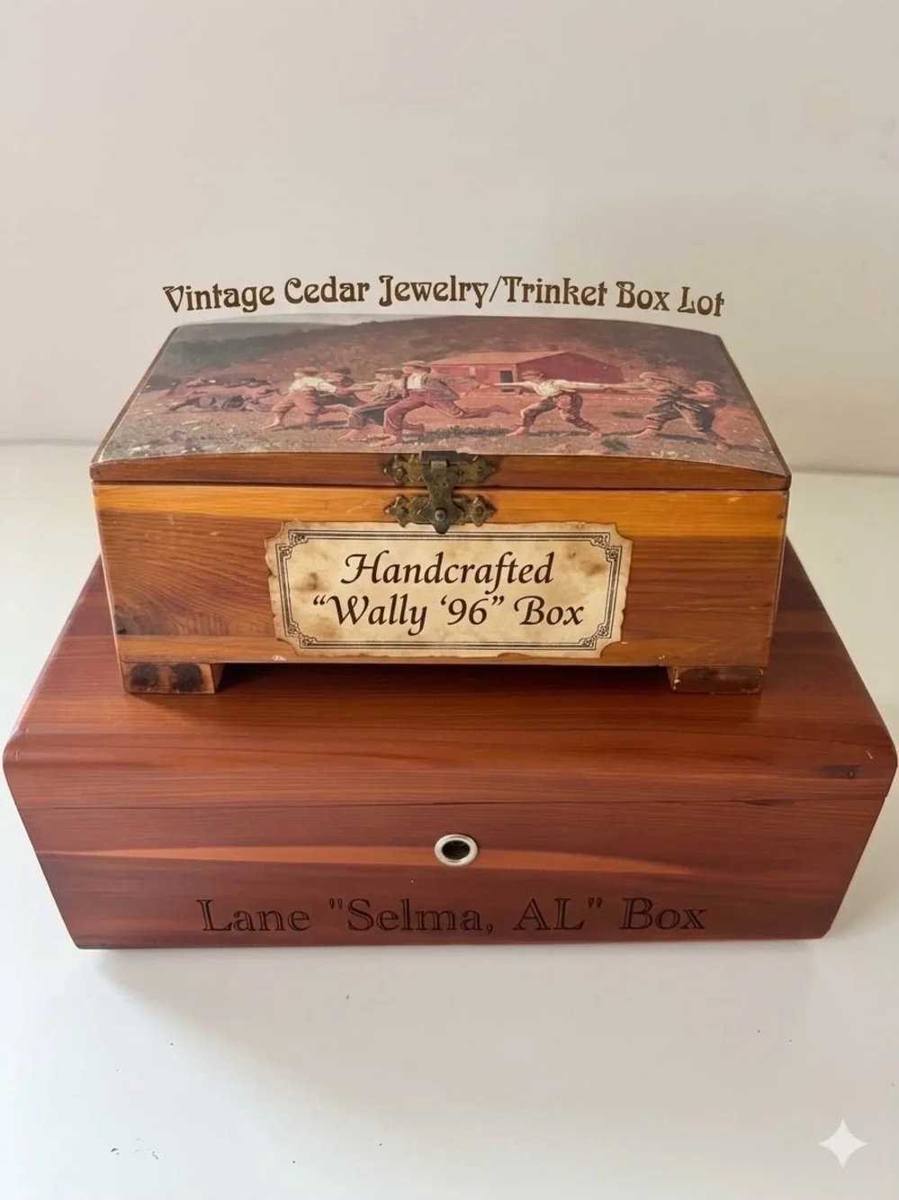 Vintage Lane Selma AL Cedar Chest & Handcrafted Wally 96 Jewelry Box Lot